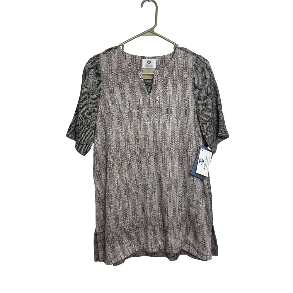 Angela Kim LINT Handcrafted Tunic Top Cotton Rayon Gray Geometric Sz LG NWT